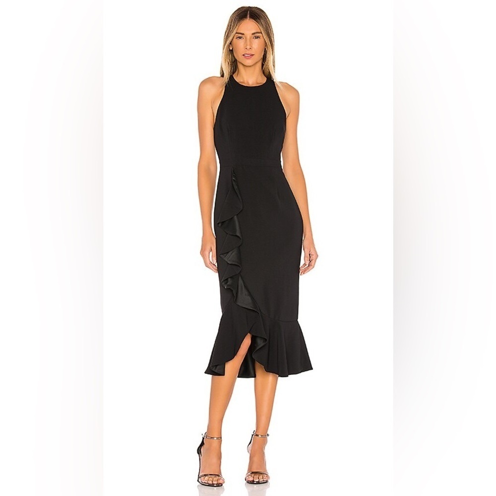 Likely Tay Dress Black Ruffle Midi Sleeveless Bodycon Sz 6